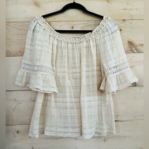 NEW Max Studio Cream Boho Blouse Bell Sleeves Crocheted Details Off Shoulder